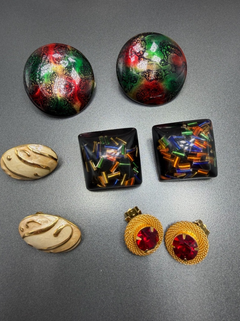 Vintage Mixed Clip Earrings Lot - Red, Green, Black, Gold, Cream #339UE